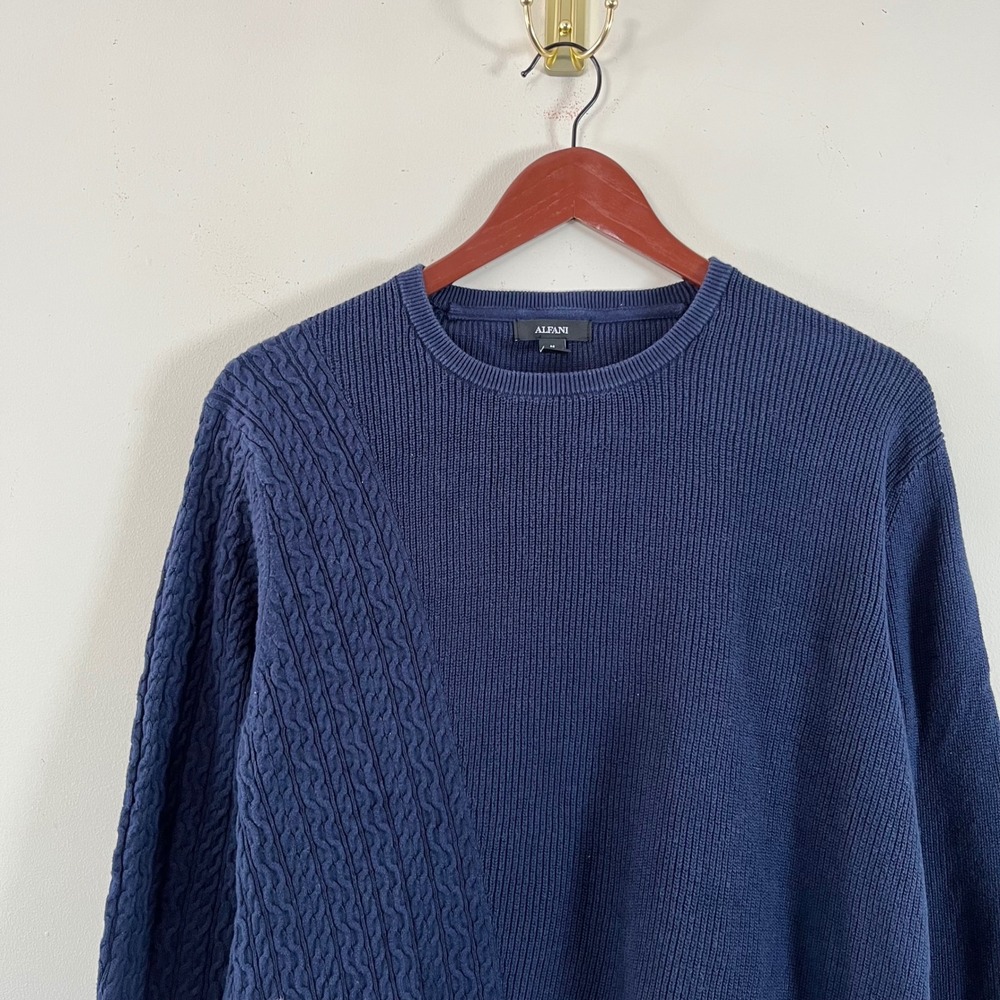 Alfani Cable Knit Crewneck Sweater Navy Blue Men's Medium Cotton Minimalist